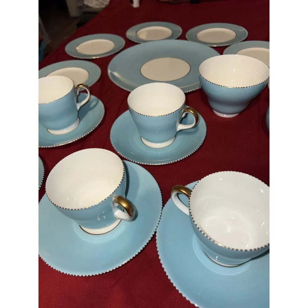 Wedgwood W4143 Sky Blue Gold Beaded Tea Set Fine Bone China England - 20 Pcs